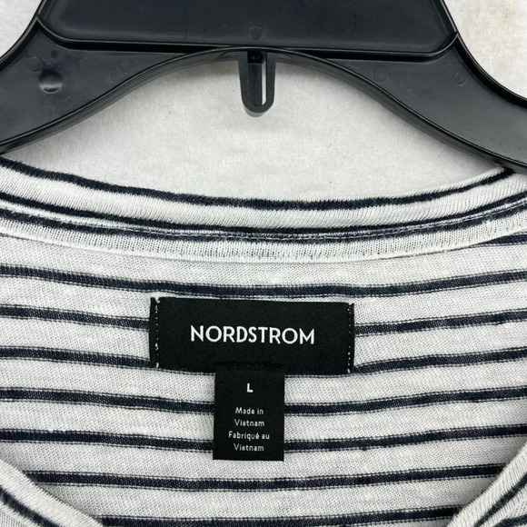 Nordstrom Linen Shirt Womens Large Black White Striped Round Neck Relaxed Fit - Picture 11 of 12